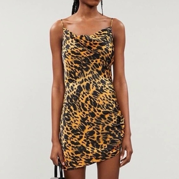 Topshop Dresses & Skirts - TOPSHOP| Animal Print Black/Tan Stretch Satin Cowl Neck Slip Mini Dress Sz 10